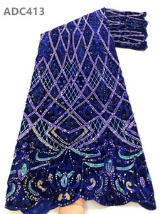 Tela de encaje de guipur nigeriano con lentejuelas Multicolor, tejido de terciopelo bordado a mano - Product Image 4