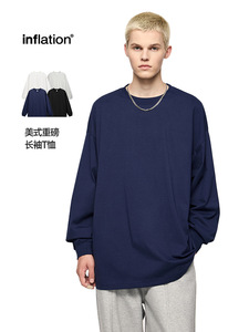 Jiezhan Mens mặc: 305gfog màu áo thun dài tay, 25 mùa thu phong cách Mỹ rắn tinh khiết bông lỏng vài lớp cơ sở - Product Image 1