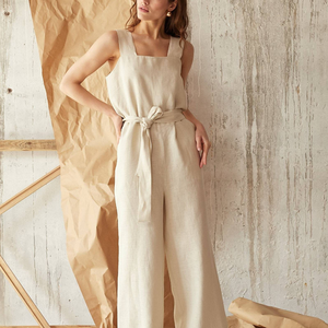 2022 tute da donna personalizzate in un pezzo Casual elegante tuta Beige abbigliamento in lino tuta da donna con gamba larga tuta - Product Image 4