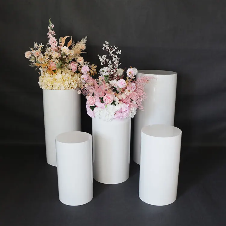 Table Dessert Stand Party Metal Round Column Flower Cylinder Plinths Pink White Round Cakes Stand Display For Wedding Decoration