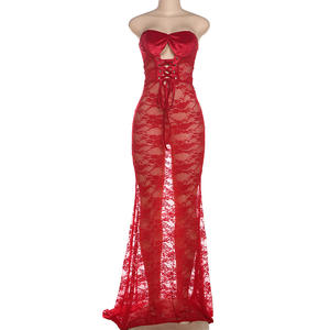 C0970 Nuovo <span class=keywords><strong>Abito</strong></span> Lungo Invernale da Donna <span class=keywords><strong>Senza</strong></span> <span class=keywords><strong>Spalline</strong></span> con Pizzo Trasparente Sexy <span class=keywords><strong>Rosso</strong></span> - Product Image 4