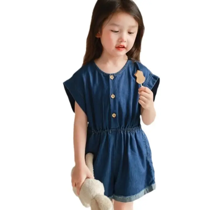 Summer Hot selling Kids Clothes Girls Cartoon Cowboy Sleeveless Blue Jumpsuit For Children