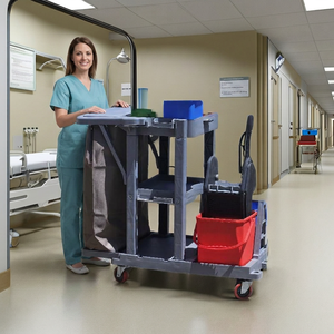 Heavy Duty Housekeeping Cart With 4 Swivel <b>Wheels</b> <b>Plastic</b> Frame 3 Shelves Partially Enclosed Indoor Use - Product Image 5