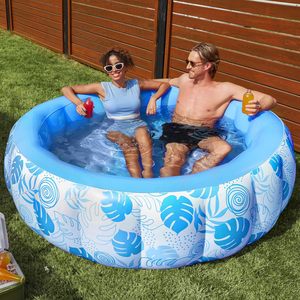 Round Inflatable Family <b>Pool</b> with Blue Tropical Print for Adults and Kids Backyard Summer Fun - Product Image 1