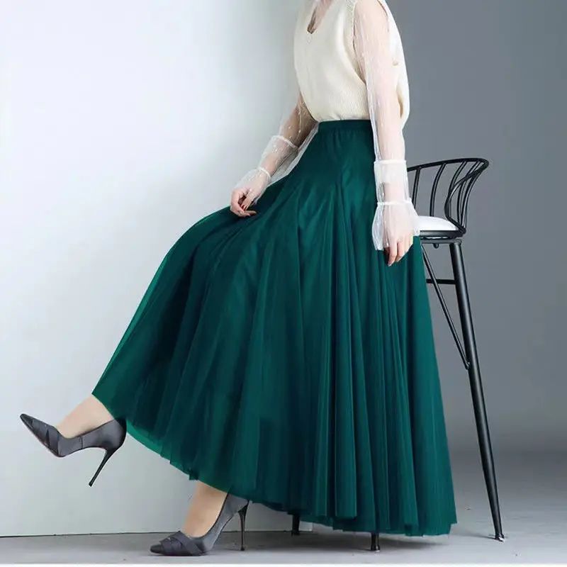 Net yarn high waist pleated pleating skirt length A-line silk women's skirt faldas para mujer long tulle skirts for women