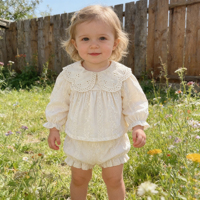 Tenue 2 pièces en dentelle brodée pour bébé fille, haut à manches longues avec col Peter Pan + short à volants, ensemble d'été décontracté pour princesse