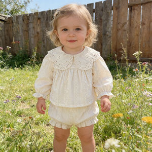 <span class=keywords><strong>Completo</strong></span> estivo casual da principessa per bambina, 2 pezzi, con ricamo in pizzo, colletto Peter Pan vintage, top a maniche lunghe e pantaloncini con volant. - Product Image 1