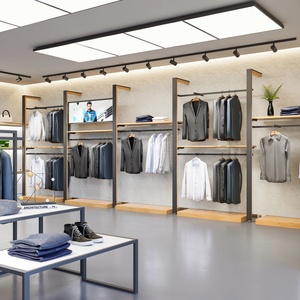 Espositori per Negozio di Abbigliamento Maschile, Scaffali in Acciaio Nero e Legno per Abiti Formali e <span class=keywords><strong>Camicie</strong></span> da Uomo - Product Image 1