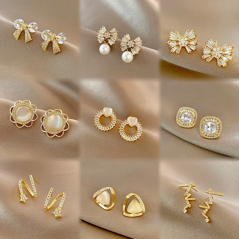 Simple Zircon Bow Stud Earrings Geometric Opal Women Gold Earrings Fashion Love Jewelry Accessories Gifts