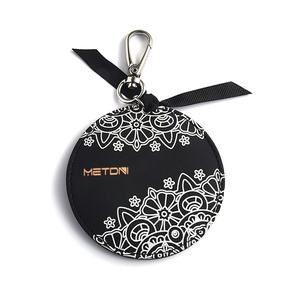 Round Shape Black Ribbon Printing Keychain Leather Single Side Handheld Mini <b>Mirror</b> - Product Image 3