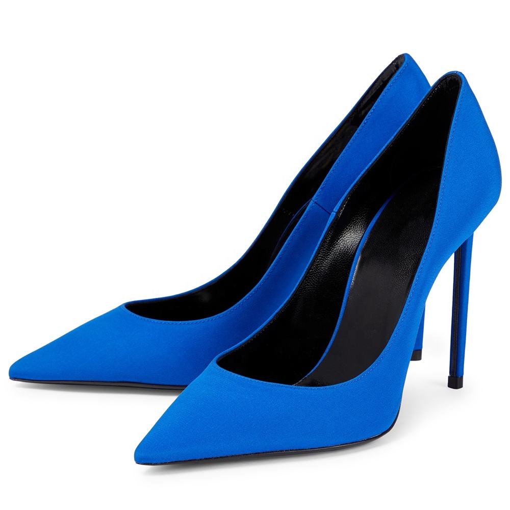 Zapatos de tacón de satén azul clásico para mujer, zapatos de