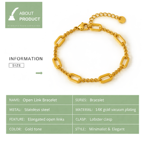 Pulsera de Cadena de Acero Inoxidable Chapada en Oro de 14K para Mujer, Eslabones Geométricos Abiertos - Product Image 2