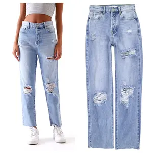 Loose fit high rise morbido cotone distressed strappato curvy mamma jeans