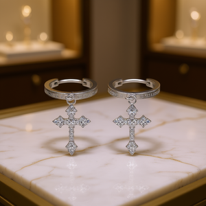 Pendientes de Aro con Cruz de Oro Blanco E682 con Cristales de Estrás Engastados, Joyería Religiosa Unisex - Product Image 2