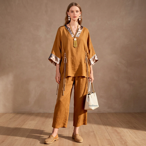 Ensemble coordonné Soolinen Boho en lin à col en V et manches chauve-souris, coupe ample, couleur unie, respirant, tenue décontractée d'été pour femme - Product Image 1