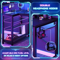 Escritorio pequeño para juegos con tomas de corriente, tablero de clavijas, luz LED, estantes de almacenamiento en forma de L, escritorio de esquina Reversible con ganchos para auriculares