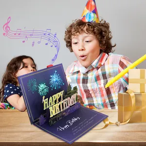 Carte de vœux d'anniversaire faite à la main par les fabricants Carte musicale légère Feux d'artifice Carte de vœux en fleurs Pop-up