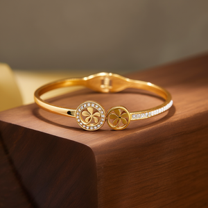 Brazalete Moderno de Moda en Acero Inoxidable 316L con Baño de Oro PVD e Incrustaciones de Cristal, Diseño de Trébol de Cuatro Hojas para Mujer, Regalo - Product Image 3