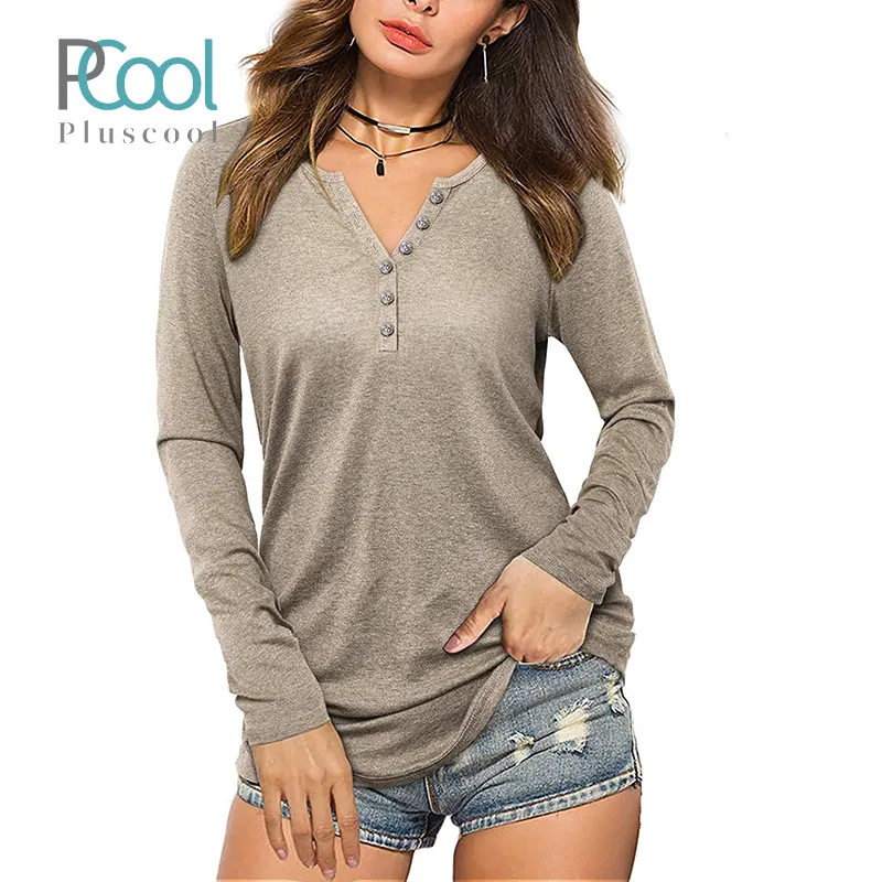 Ladies long sleeve V-neck button down fitted pullover women tops blouses and t shirts