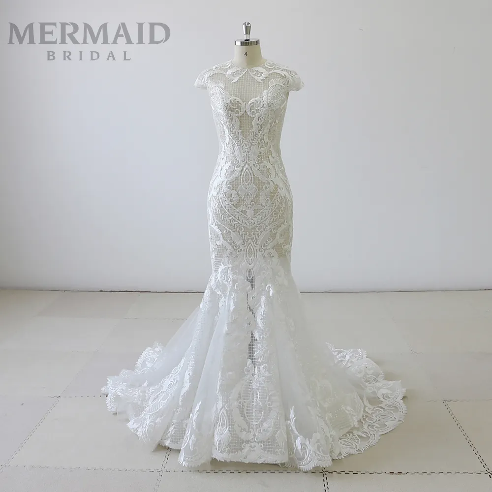 New cap sleeve mermaid see through wedding dress bridal gown