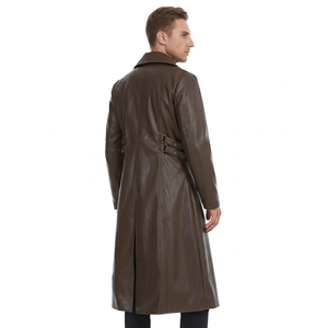 <b>Men</b> Genuine <b>Leather</b> Long Trench Coat Notched Lapel Double Breasted Belted Overcoat Regular Fit - Product Image 4