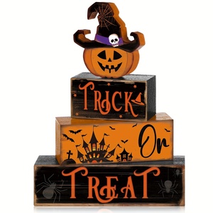 Decoración <span class=keywords><strong>de</strong></span> Halloween para el hogar: Bloques <span class=keywords><strong>de</strong></span> madera apilados con diseño <span class=keywords><strong>de</strong></span> truco o trato, calabaza y sombrero <span class=keywords><strong>de</strong></span> <span class=keywords><strong>bruja</strong></span>, para mesa y bandeja escalonada, estilo rústico - Product Image 1
