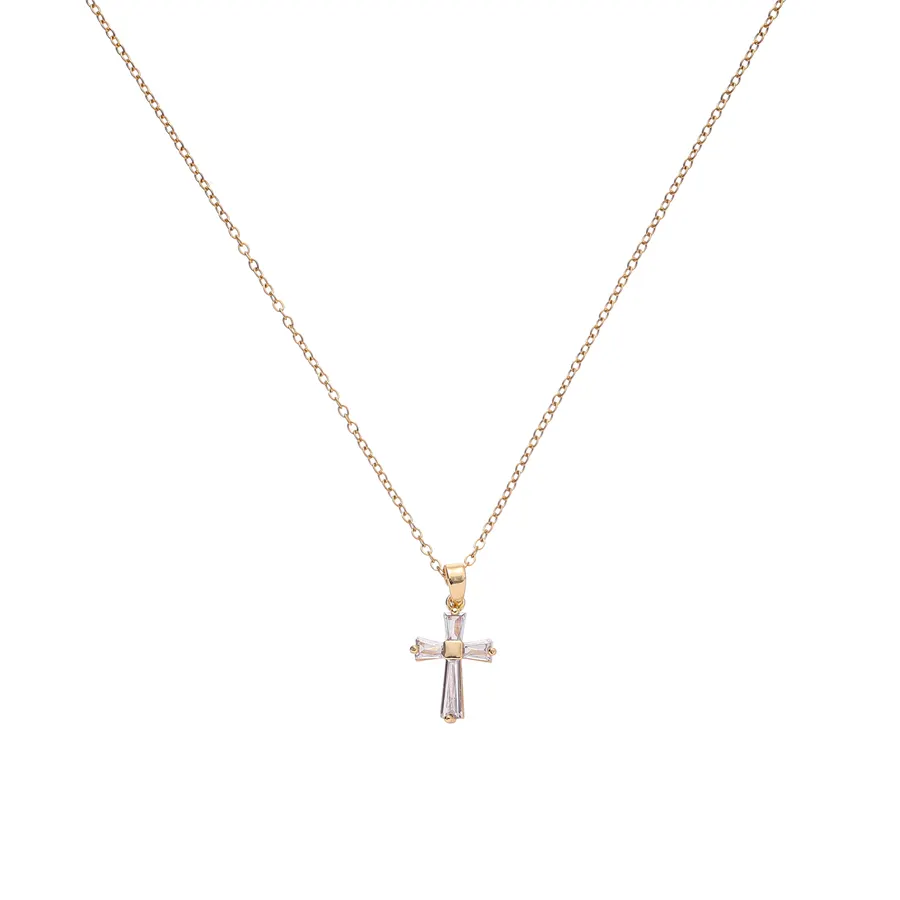 Hochwertiger kristlicher Religion vergoldeter Edelstahl-Schmuck trendreich Strassstein CZ Kreuz Anhänger Halskette für Damen