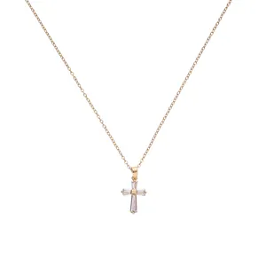 Kalung liontin salib CZ berlian imitasi trendi perhiasan baja tahan karat berlapis emas agama Kristen kualitas tinggi untuk wanita