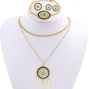 Retro Style Hollow Design Stainless Steel Jewellery Sets 18K Dubai Gold Plated Necklace Jewelry Sets For Wedding