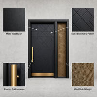 Porte d'entrée moderne en bois grainé finition mate, en alliage de zinc, sécurisée anti-effraction, avec motif gravé et poignée dorée, personnalisable pour la maison