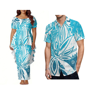 Tenues de couple pour dîner <span class=keywords><strong>polynésien</strong></span> - Robe Puletasi pour <span class=keywords><strong>femme</strong></span> en polyester à manches bouffantes style tailleur et chemise décontractée pour homme - Product Image 1