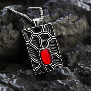 Stainless Steel Geometric Pendant With Red <b>Ruby</b> Inlay For Men <b>Necklace</b> Charm Asymmetry Design Gift Jewelry - Product Image 1