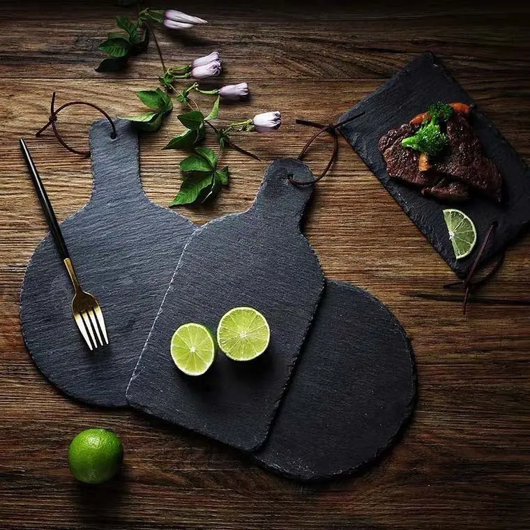 식기 서양 음식 중립 슬레이트 돌 초밥 접시 불규칙한 검은 스테이크 서빙 플레이트