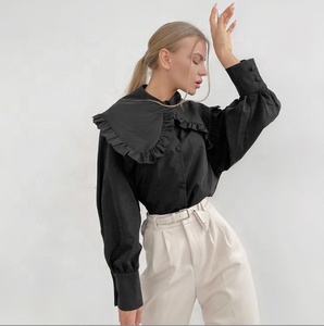 <span class=keywords><strong>Camisa</strong></span> de Algodón Puro <span class=keywords><strong>Blanca</strong></span> con Cuello Tipo Muñeca Estilo Francés para <span class=keywords><strong>Mujer</strong></span> 2026, <span class=keywords><strong>Camisa</strong></span> de Manga Larga con Borde de Oreja de Madera - Product Image 2