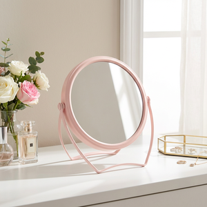 Miroir de maquillage pliable rose mignon, design circulaire de <span class=keywords><strong>bureau</strong></span> personnalisé, support métallique réglable, rotation verticale - Product Image 1