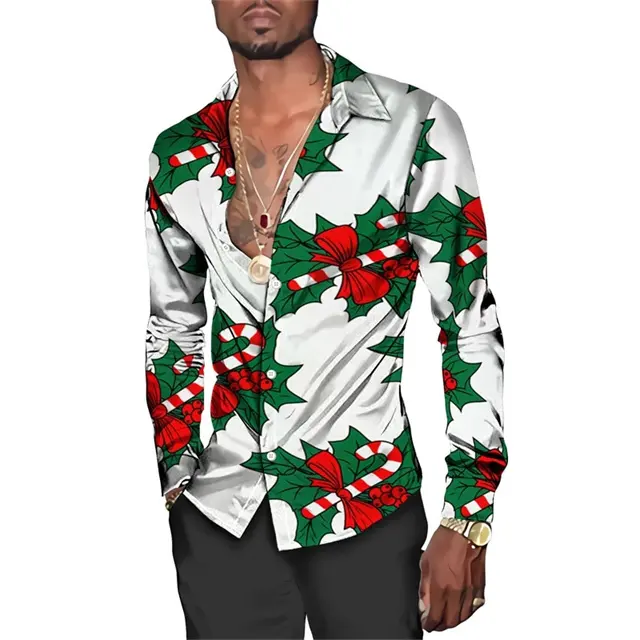 Christmas Theme 3D Printed Men's Button Shirts Fashion Long Sleeve Blouse Holiday Party Tops New Year Couple Streetwear Clothing