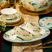 Service de table en porcelaine florale pivoine, vaisselle de luxe en porcelaine fine, compatible lave-vaisselle pour la maison, les mariages, les banquets et les hôtels
