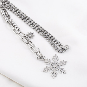 yunniqueUnisex <b>Titanium</b> Steel Snowflake Necklace With Sun Charm Geometric Design Multi-layer <b>Chain</b> Fashion Sweater <b>Chain</b> - Product Image 4