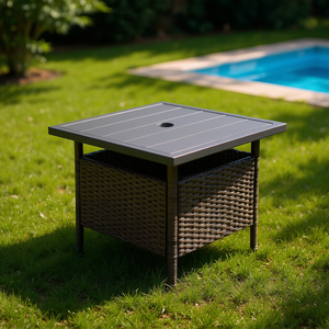 Square Wicker Outdoor Side <b>Table</b> With Umbrella Hole For Yard Garden Poolside Use - Product Image 2