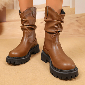 Botines holgados a media pantorrilla, <span class=keywords><strong>botas</strong></span> estilo <span class=keywords><strong>Dr</strong></span>. <span class=keywords><strong>Martens</strong></span> <span class=keywords><strong>de</strong></span> estilo occidental para <span class=keywords><strong>mujer</strong></span>, <span class=keywords><strong>botas</strong></span> chelsea plisadas con punta redonda, talla grande - Product Image 2