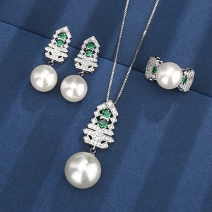 Fashion Eco-friendly Copper Christmas Tree Style Earrings Necklace Set <b>Emerald</b> Green Zirconia 16-12mm White Pearl Jewelry Set - Product Image 3