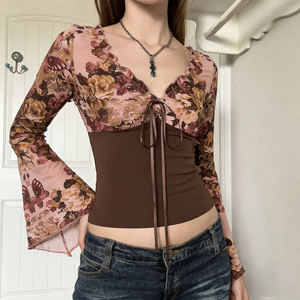 Vintage Patchwork Butterfly Floral Print <b>Knitted</b> Flare <b>Sleeve</b> <b>Top</b> for Women Sexy Slim Fit V-Neck Long <b>Sleeve</b> <b>Top</b> - Product Image 3