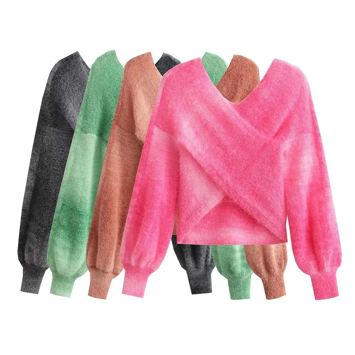 Designer Autumn V-Neck Loose Knitwear Long Sleeve Custom Knit Sweater Is Knitted From A Fuzzy Mohair-Blend Women Crop Sweater