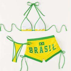 2025 Conjunto <span class=keywords><strong>de</strong></span> Bikini transfronterizo <span class=keywords><strong>de</strong></span> tres piezas con colores contrastantes Patrón sexy Cintura Logotipo frontal para traje <span class=keywords><strong>de</strong></span> <span class=keywords><strong>baño</strong></span> <span class=keywords><strong>de</strong></span> <span class=keywords><strong>Amazon</strong></span> Seaside - Product Image 2