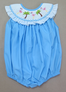 Adorable <b>Flamingo</b> Palm Smocked Kids Collection Hand Embroidered Light Blue Summer <b>Dress</b> For Girls - Product Image 2