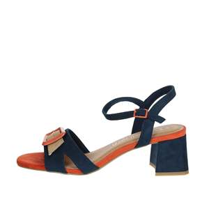 Sandalias de tacón para mujer Marco Tozzi, color azul marino, con hebilla naranja, tacón cuadrado, talla 44 - Product Image 1