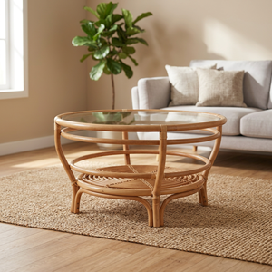 Urang Furniture Modern Eco-Friendly Handmade Rattan/Wicker Coffee <b>Table</b> with <b>Wood</b> Top Spiral Base Design for Living Room - Product Image 3