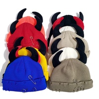Bonnet en tricot unisexe avec cornes de démon, style streetwear décontracté, effet vieilli, chaud, pour l'automne et l'hiver