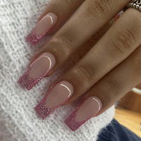 24 Uñas Postizas Rosa Brillante con Punta Francesa, Estilo Bailarina, ABS, Base Nude Blush, Cobertura Completa, Brillantes, Reutilizables, de Presión