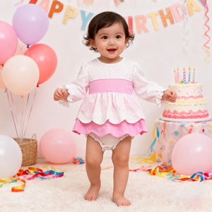 겨울 핑크 스위스 도트 두 프릴 아기 옷 세트 모노그램 생일 면 신생아 소녀 버블 장난 꾸러기 - Product Image 6